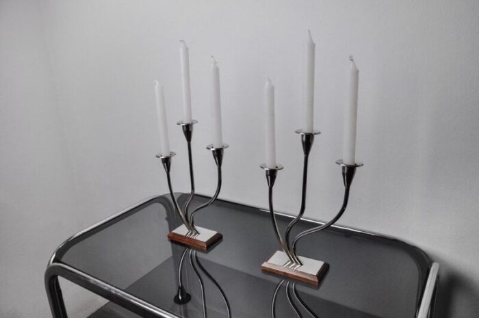 art deco 3 flame candlesticks in stainless steel spain 1970 set of 2 6