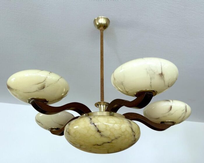 art deco pendant light in wood and glass 1930s 5987