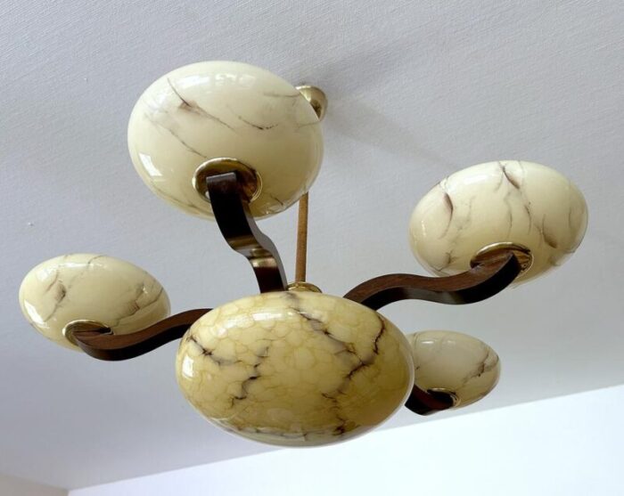 art deco pendant light in wood and glass 1930s 9115