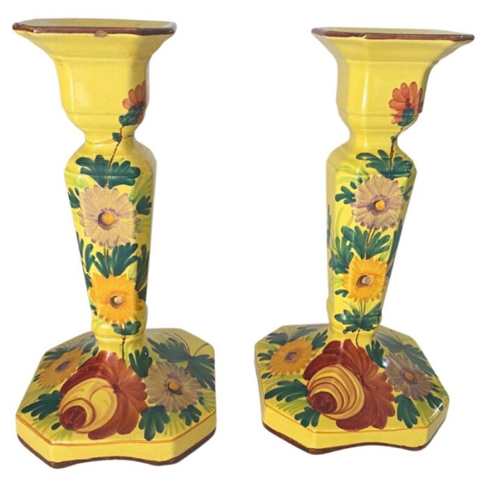 art deco yellow ceramic candleholders from saint clement france 1940 set of 2 1