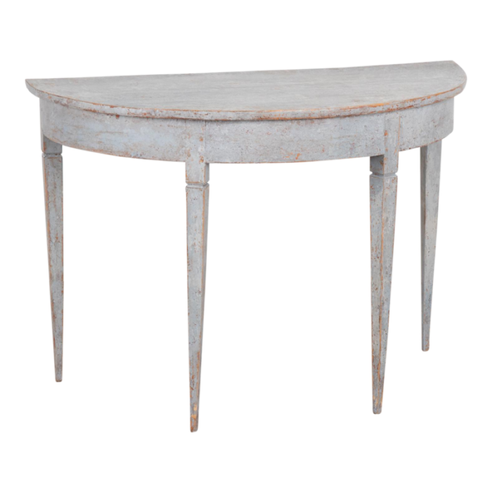 blue painted swedish pine demi lune console table circa 1880 7955