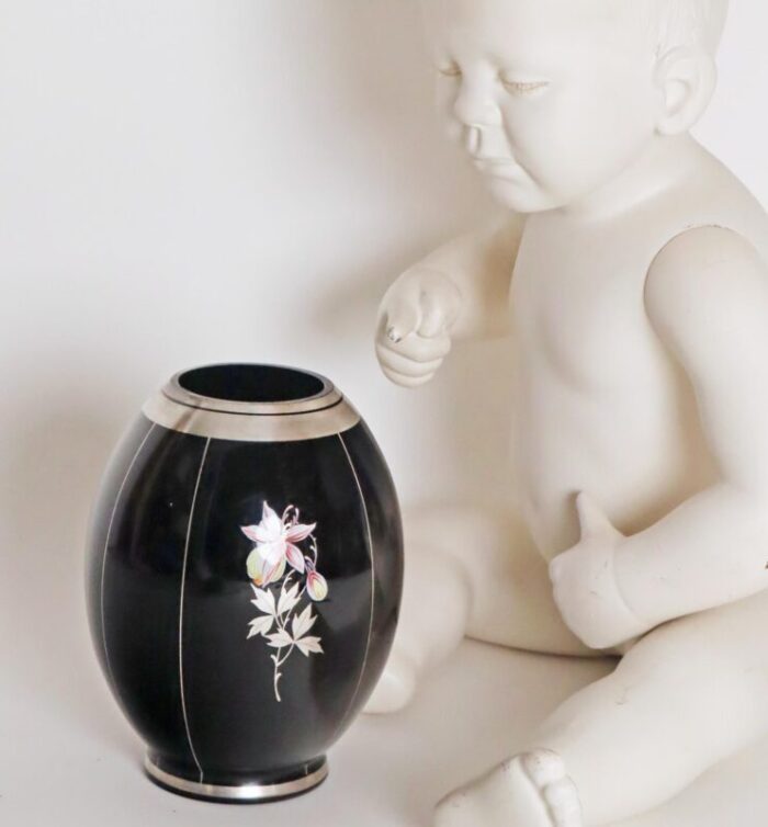 bohemian floral orchid black glass vase with silver plating 1930s 2163