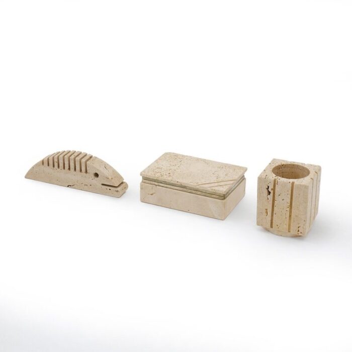 box pen holder and paperweight in travertine 1970s set of 3 1