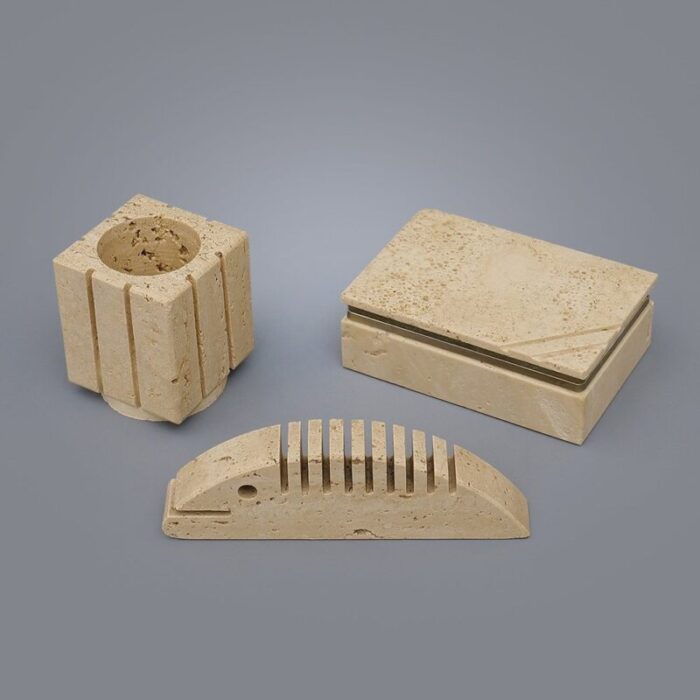 box pen holder and paperweight in travertine 1970s set of 3 2