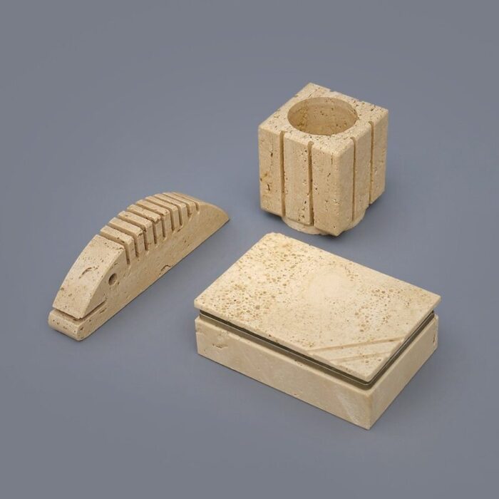 box pen holder and paperweight in travertine 1970s set of 3 3