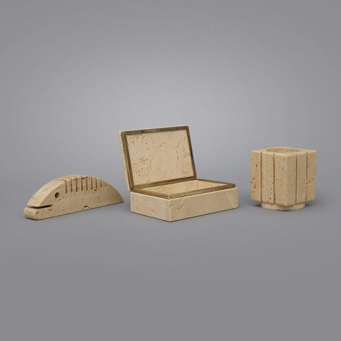 box pen holder and paperweight in travertine 1970s set of 3 4