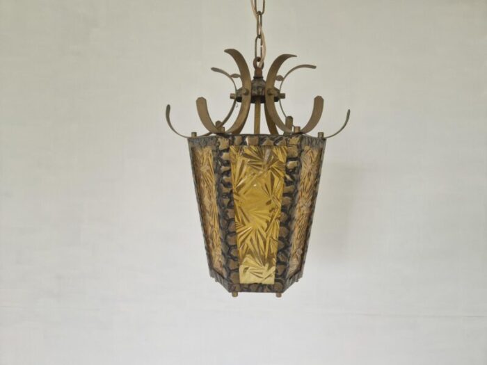 brutalist hammered metal hall lantern with geometrical patterned glass 0386