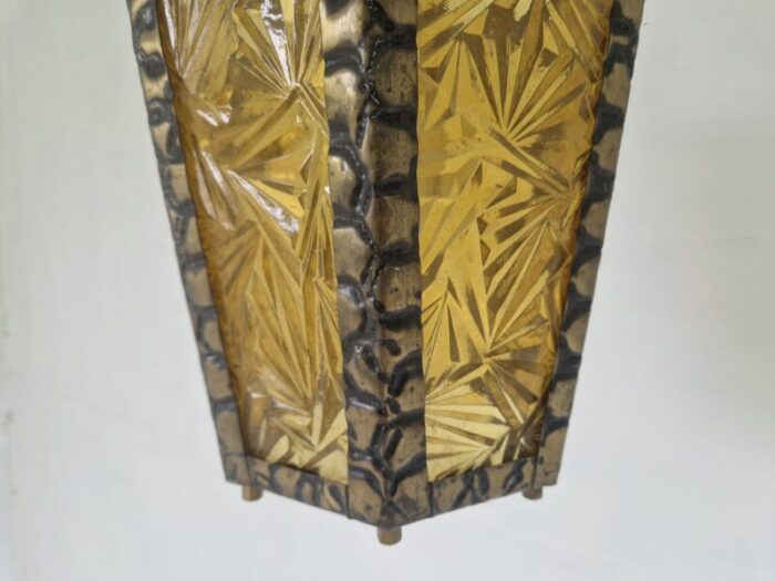 brutalist hammered metal hall lantern with geometrical patterned glass 0680