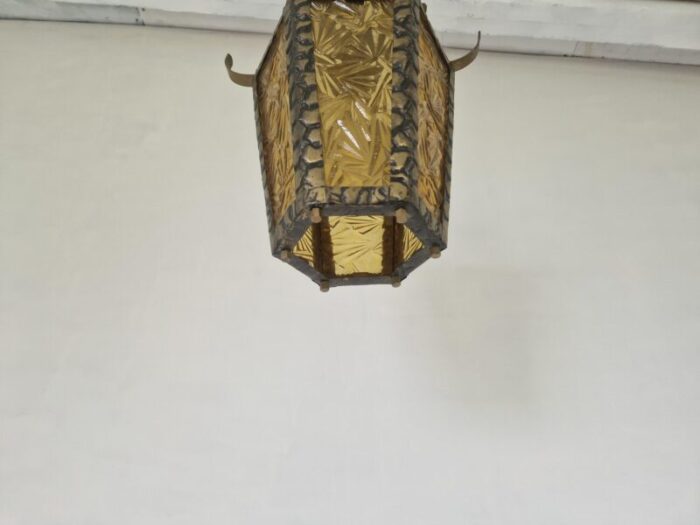 brutalist hammered metal hall lantern with geometrical patterned glass 2193