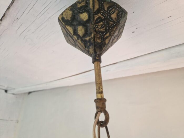 brutalist hammered metal hall lantern with geometrical patterned glass 4216