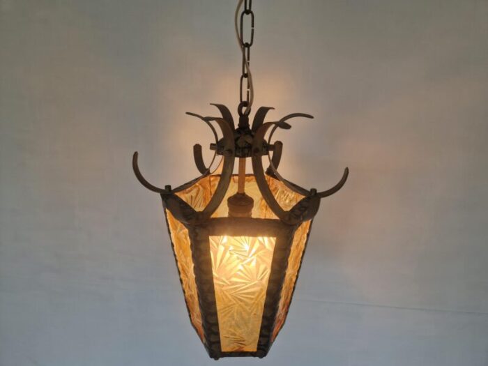 brutalist hammered metal hall lantern with geometrical patterned glass 6138