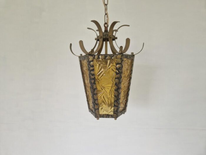 brutalist hammered metal hall lantern with geometrical patterned glass 6381