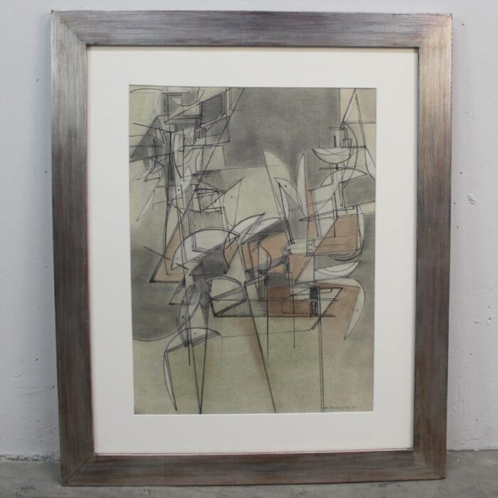 c malengrez composition 1971 charcoal drawing framed 8868