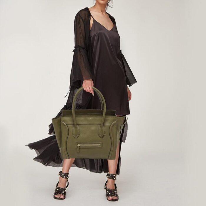 celine olive green leather shoulder luggage tote 7067