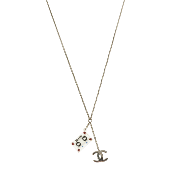 chanel 2004 made rhinestone cassette tape plate cc mark necklace silver 0867