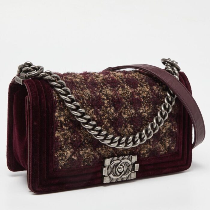 chanel burgundy quilted tweedleather and velvet medium boy flap bag 0530