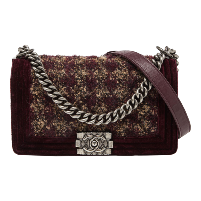 chanel burgundy quilted tweedleather and velvet medium boy flap bag 8217