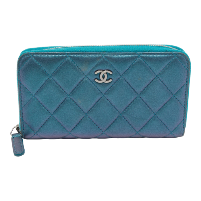 chanel metallic blue quilted leather classic zip wallet 1759