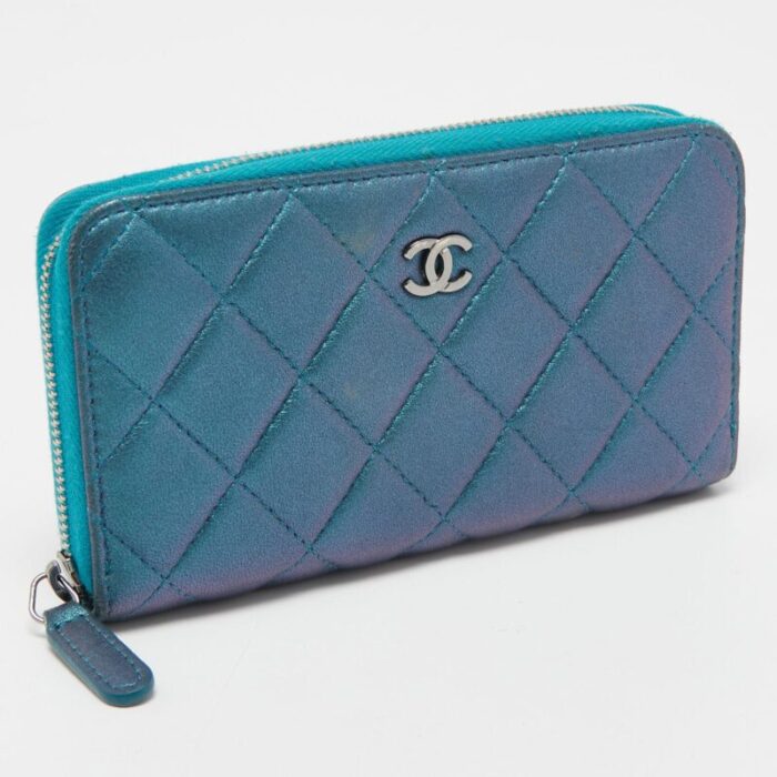 chanel metallic blue quilted leather classic zip wallet 5462