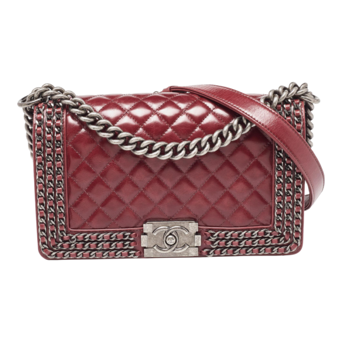 chanel red quilted leather medium interlaced chained boy flap bag 2814