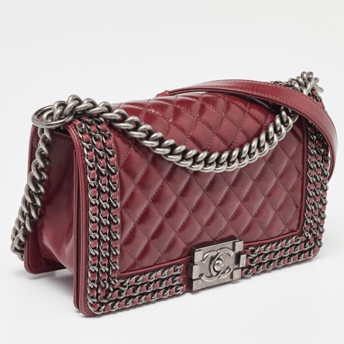 chanel red quilted leather medium interlaced chained boy flap bag 4150