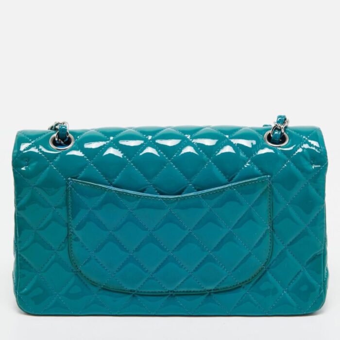 chanel teal blue quilted patent leather medium classic double flap bag 2362