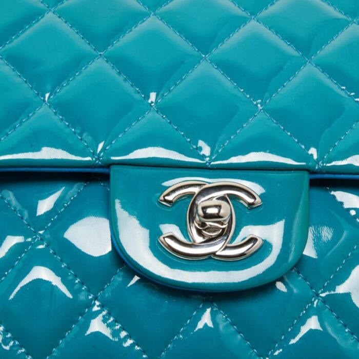 chanel teal blue quilted patent leather medium classic double flap bag 2755