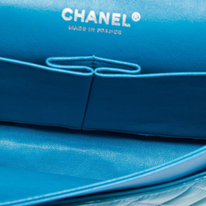 chanel teal blue quilted patent leather medium classic double flap bag 3693