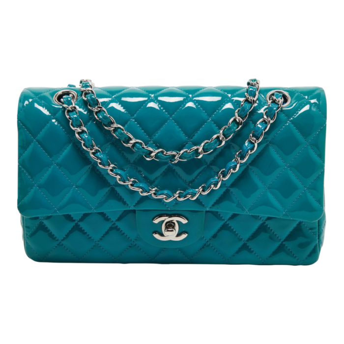 chanel teal blue quilted patent leather medium classic double flap bag 8475