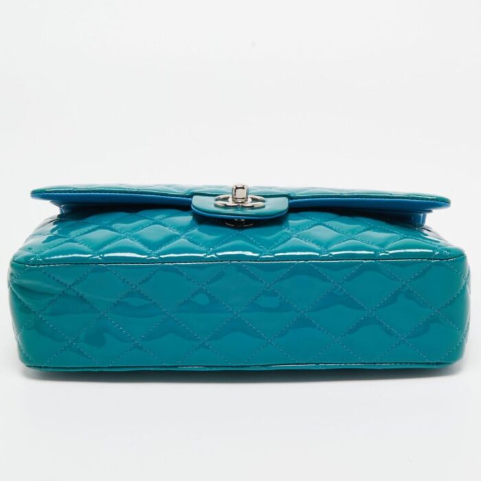 chanel teal blue quilted patent leather medium classic double flap bag 9566