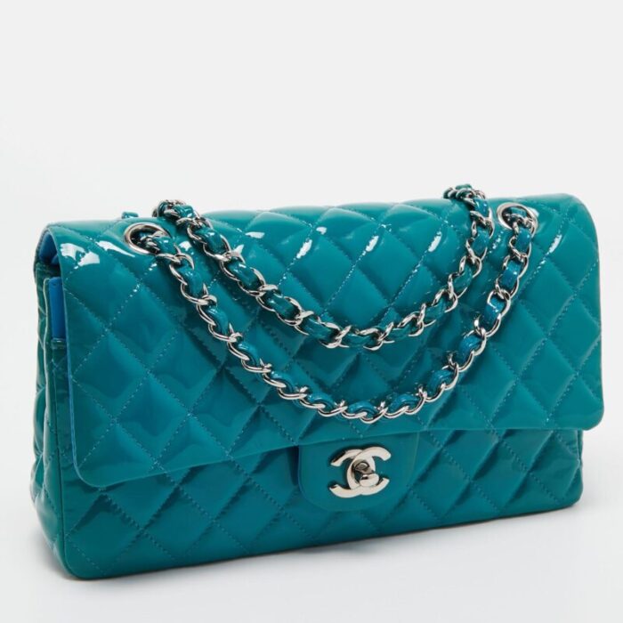 chanel teal blue quilted patent leather medium classic double flap bag 9785