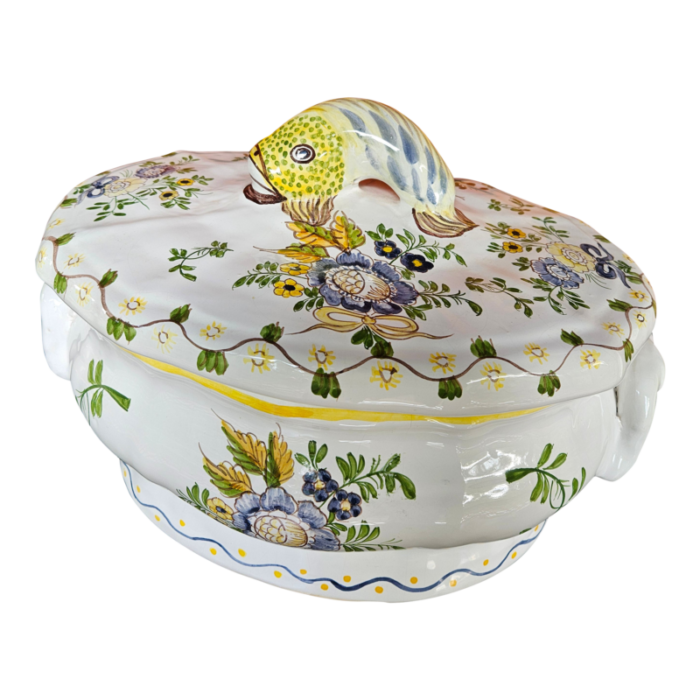 charming hand painted french faience tureen with floral decoration and whimsical fish lid handle 7621