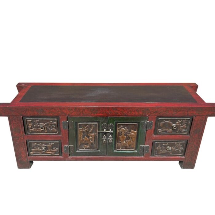 chinese distressed brick red flower relief pattern tv console table cabinet 2264