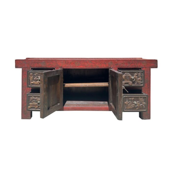 chinese distressed brick red flower relief pattern tv console table cabinet 3256