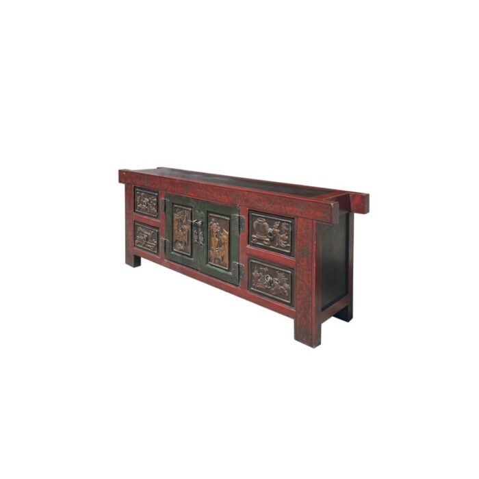 chinese distressed brick red flower relief pattern tv console table cabinet 4373