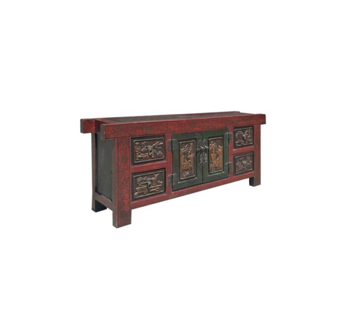 chinese distressed brick red flower relief pattern tv console table cabinet 7455