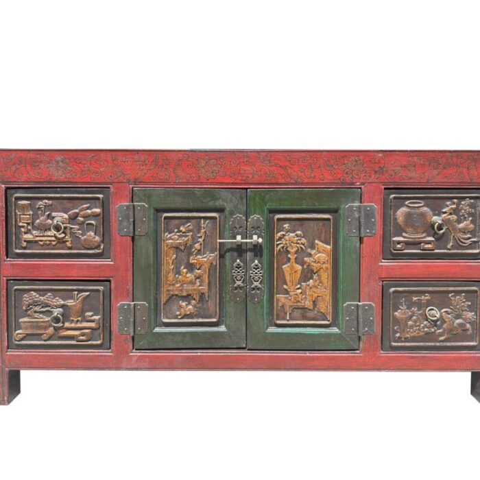 chinese distressed brick red flower relief pattern tv console table cabinet 8441