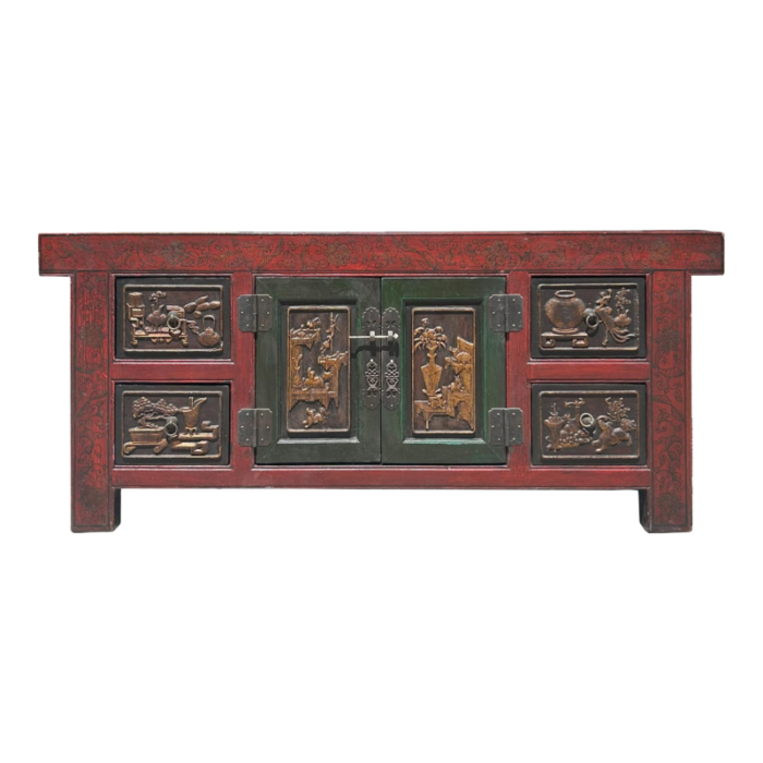 chinese distressed brick red flower relief pattern tv console table cabinet 9379