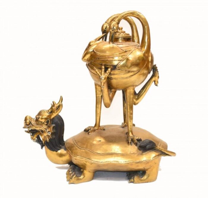 chinese dragon crane incense burner in bronze 1