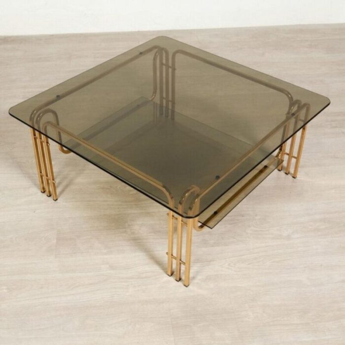 coffee table in gold colored metal and smoked glass 1970s 1079