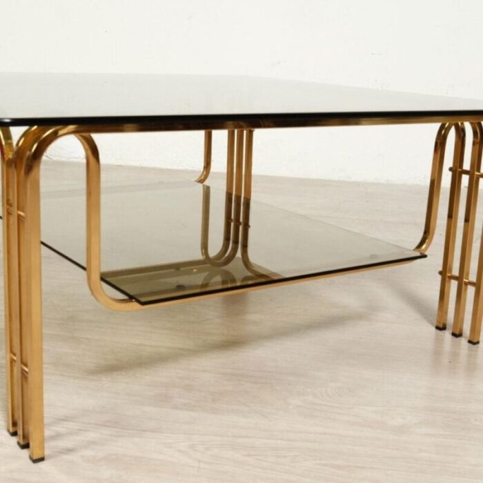 coffee table in gold colored metal and smoked glass 1970s 4917