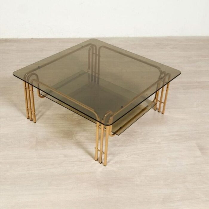 coffee table in gold colored metal and smoked glass 1970s 9082