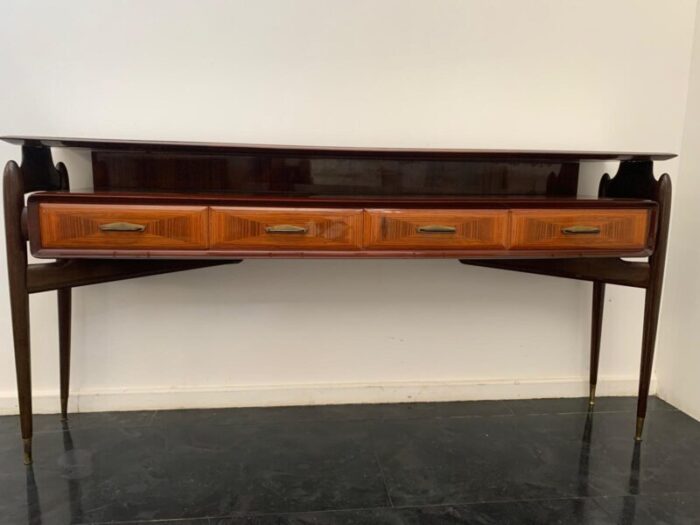 console with mirror in mahogany and rosewood with brass tips 1950s set of 2 4952