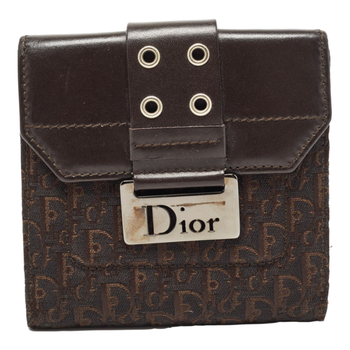 dior dark brown oblique canvas and leather street chic compact wallet 0590