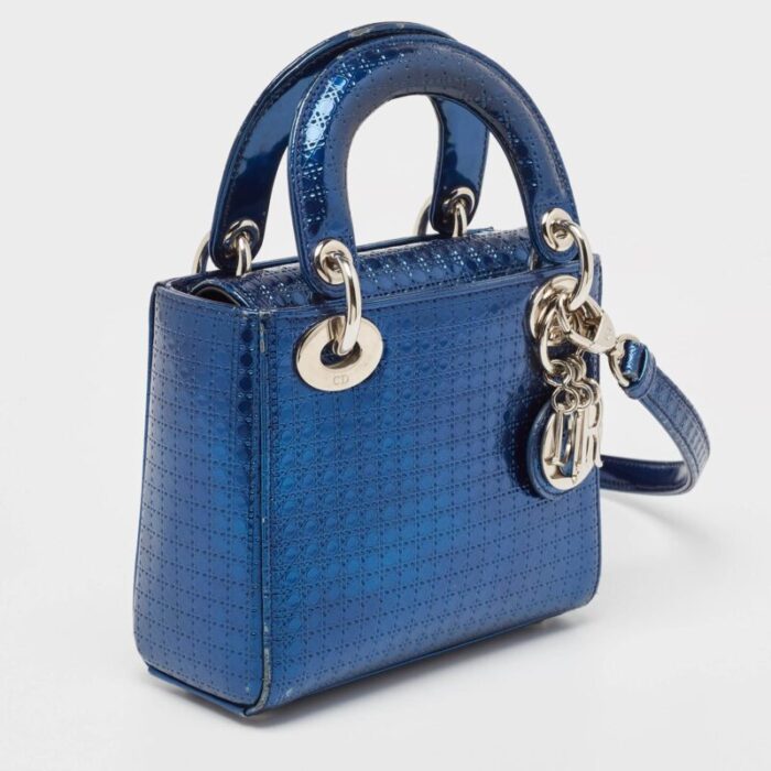 dior metallic blue microcannage patent leather mini lady tote 5087