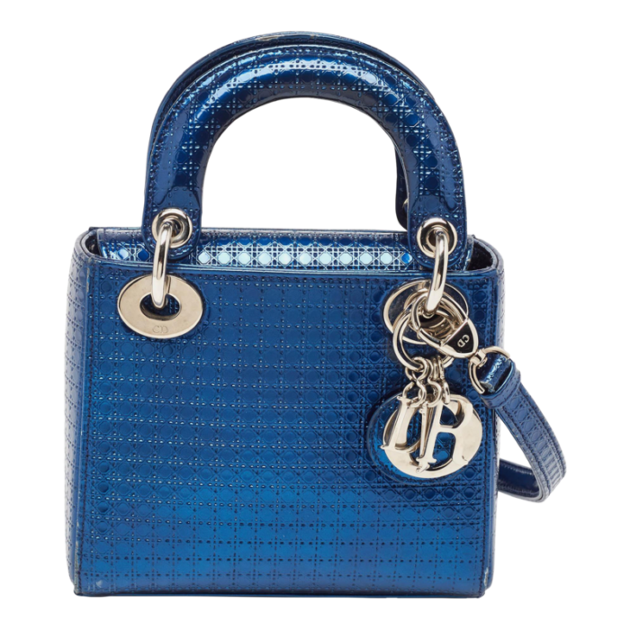 dior metallic blue microcannage patent leather mini lady tote 8296