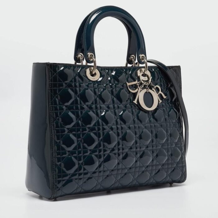 dior navy blue cannage patent leather large lady tote 0999