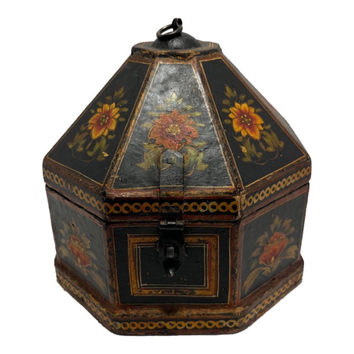 early 1900s antique indian mughal hand painted octagon marriage trinket jewelry box 4562