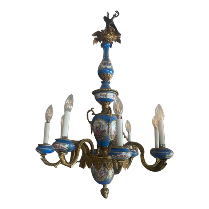 early 20th century sevres style porcelain eight light chandelier 5155