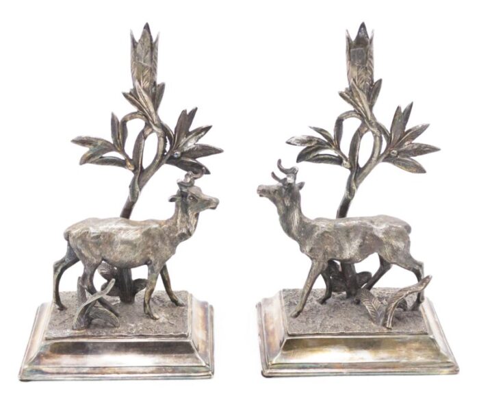 english victorian silver plate deer candlesticks a pair 2075